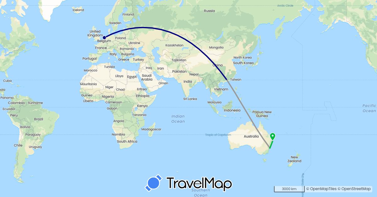 TravelMap itinerary: driving, bus, plane in Australia, China, Netherlands (Asia, Europe, Oceania)